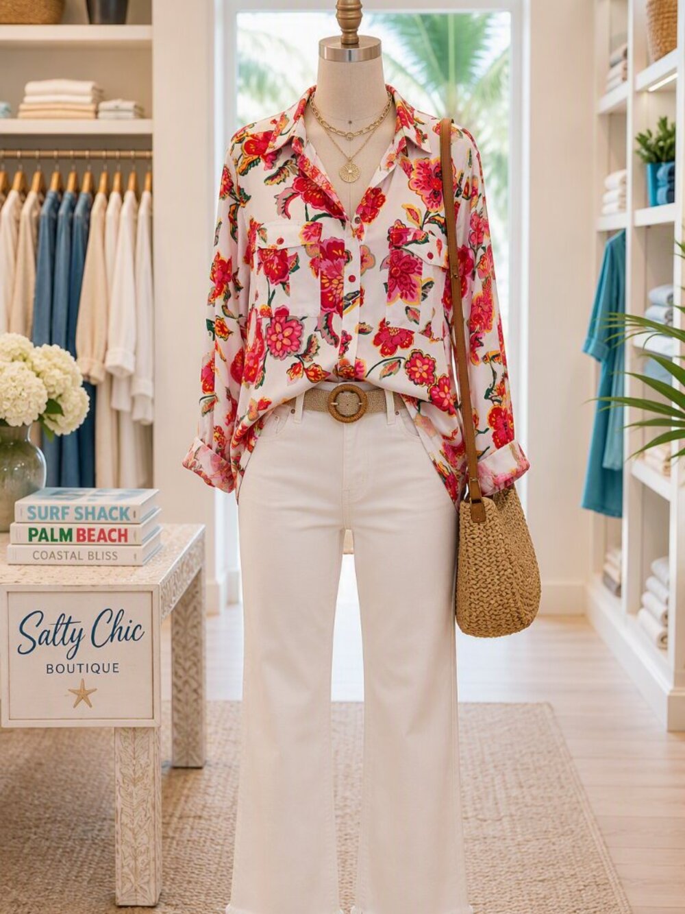 Jones New York White Button-Down Blouse with Pink and Red Floral Print